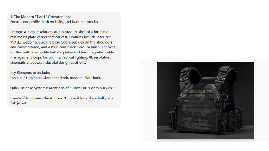 Translating AI-generated tactical vest concepts into physical production using precise SAPI plate dimensions and 500D Nylon specifications.