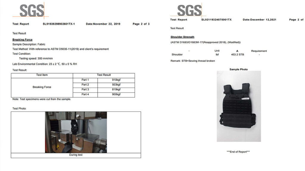 Tactical gear quality control and REACH Prop 65 compliance certification.