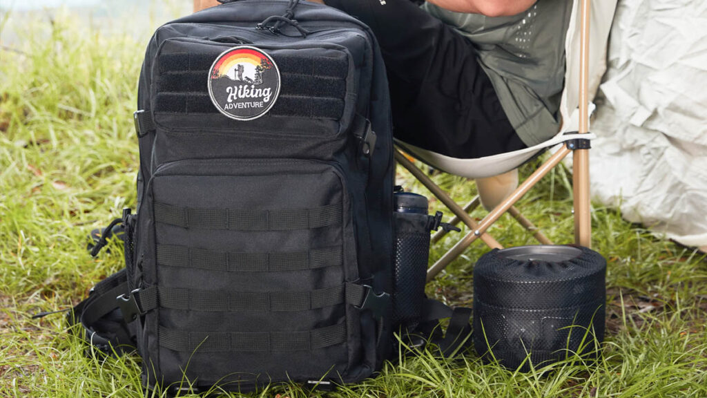 tactical backpack showing custom color logo and patch area options