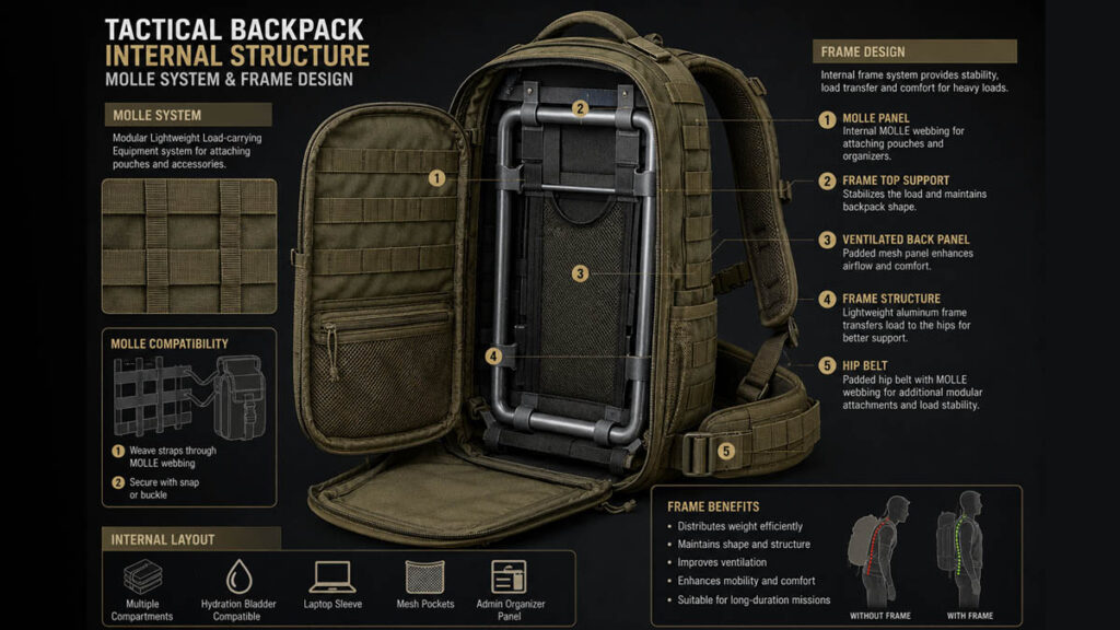 tactical backpack internal structure MOLLE system and compartment design